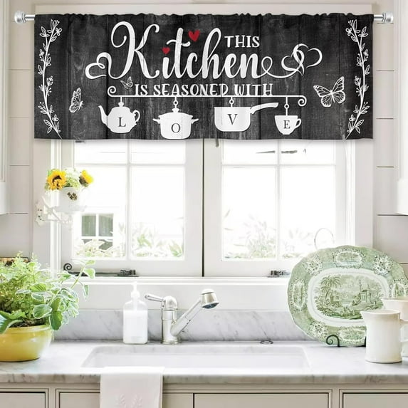 Black Kitchen Curtains 52Wx18H Inch Rod Pocket Farmhouse Valance Rustic Wooden Plank Vintage Country Butterfly Plant Bedroom Window Drapes Quotes Printed Living Room Window Treatment 1 Panel