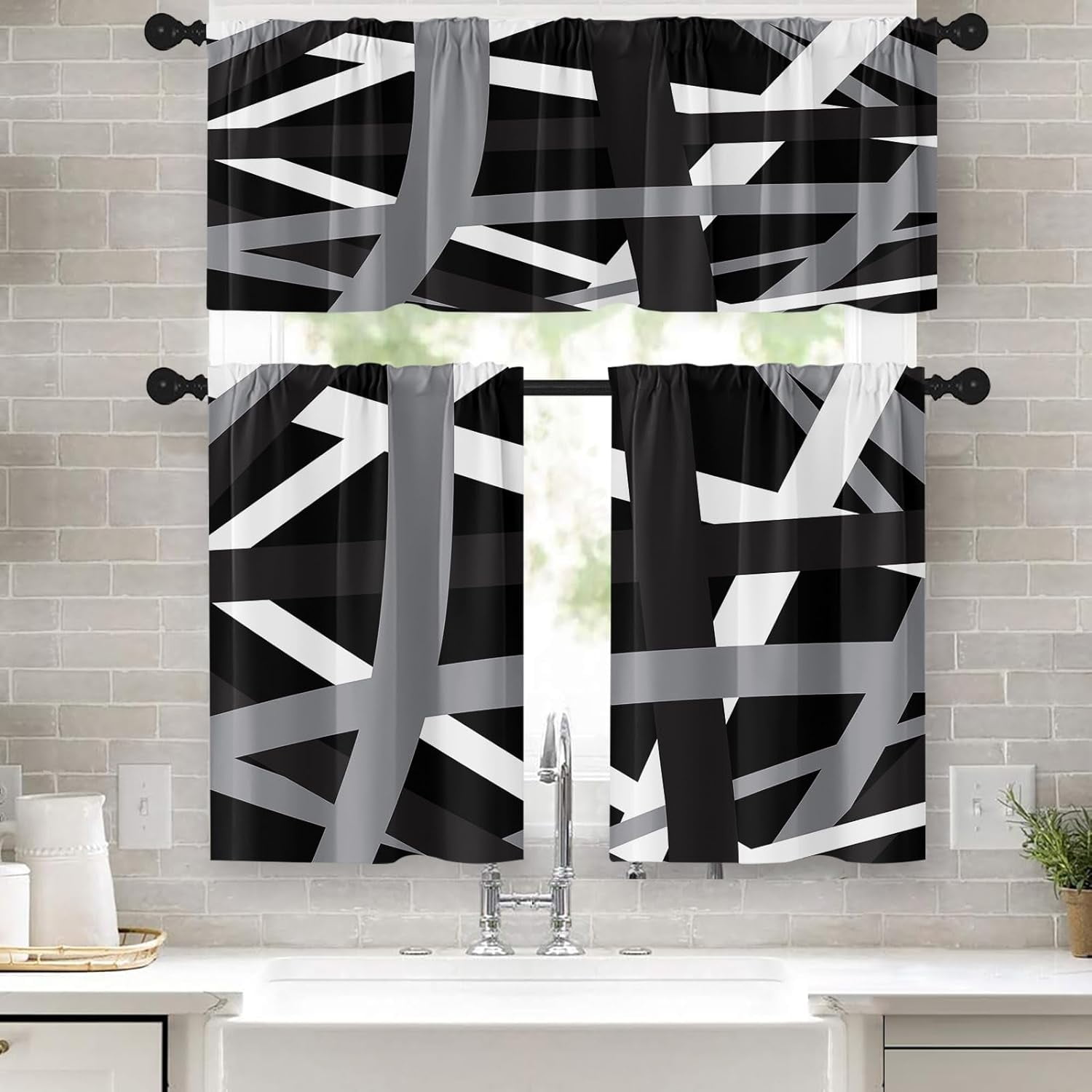 Black Kitchen Curtains Abstract Lines Art Window Curtains and Valances ...