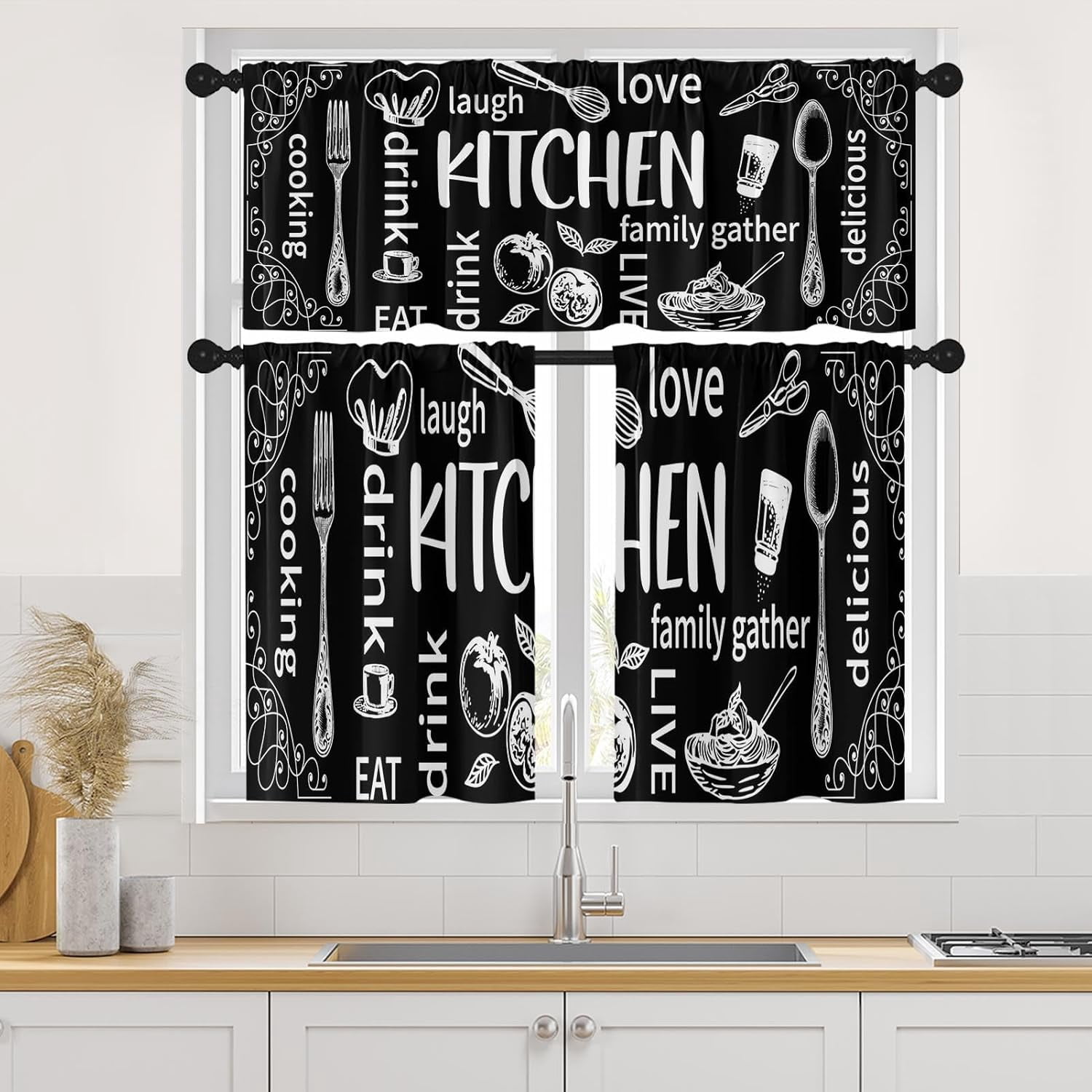 Black Kitchen Curtains Modern Window Curtains Valance and Tier Set 36 ...