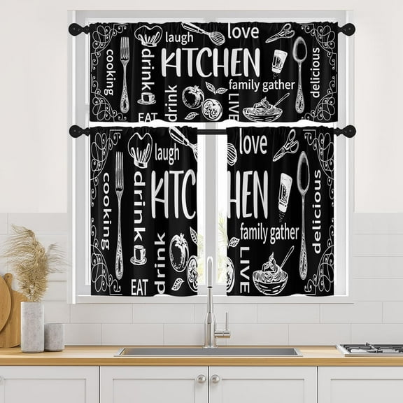 Black Kitchen Curtains Modern Window Curtains Valance and Tier Set 36 Inch, White Kitchen Doodle Rod Pocket Short Tier Curtain, Abstract Art Small Curtains for Kitchen Decor