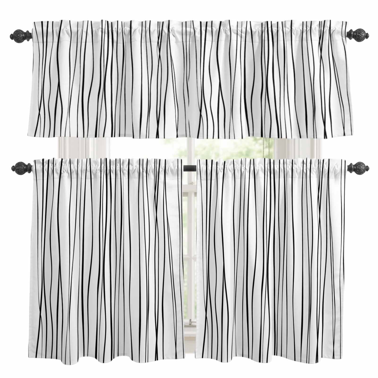 Black Kitchen Curtains Sets for Windows 36 Inch Length, Abstract Lines ...