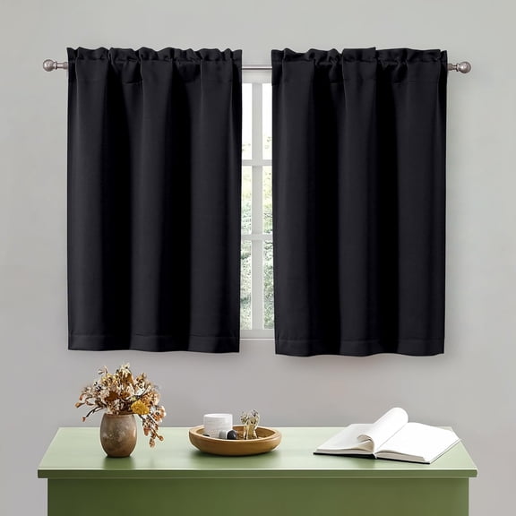 Black Kitchen Curtains, Short Blackout Thermal Insulated Cafe Curtains Tier Over Sink, Rod Pocket Half Window for Bathroom Bedroom Camper RV Bunk, 2 Panels