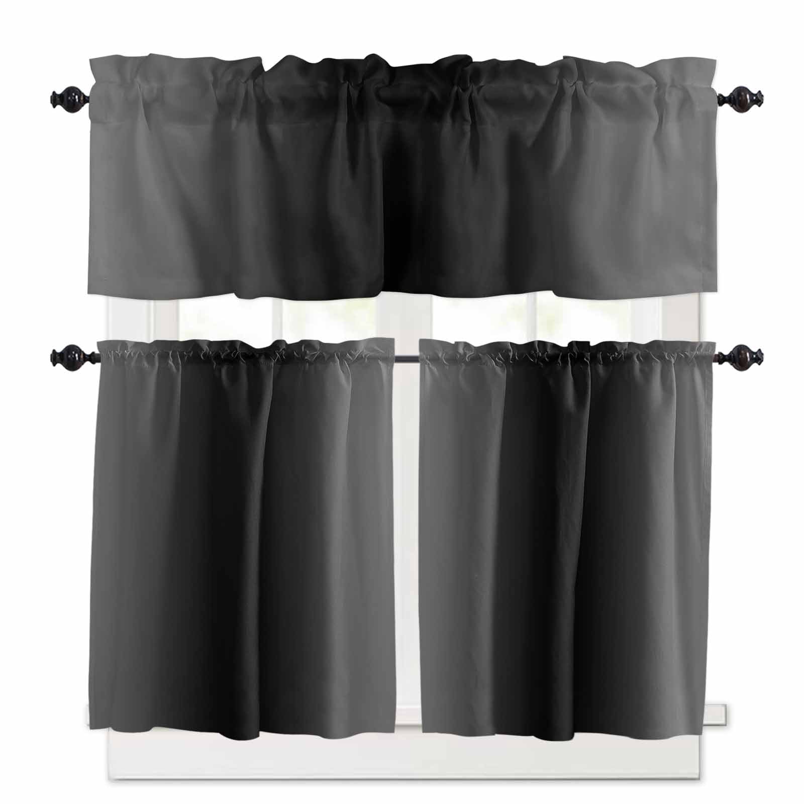 Black and Kitchen Curtains Valance and Tier Set 3 Pieces,Grey Gradient ...