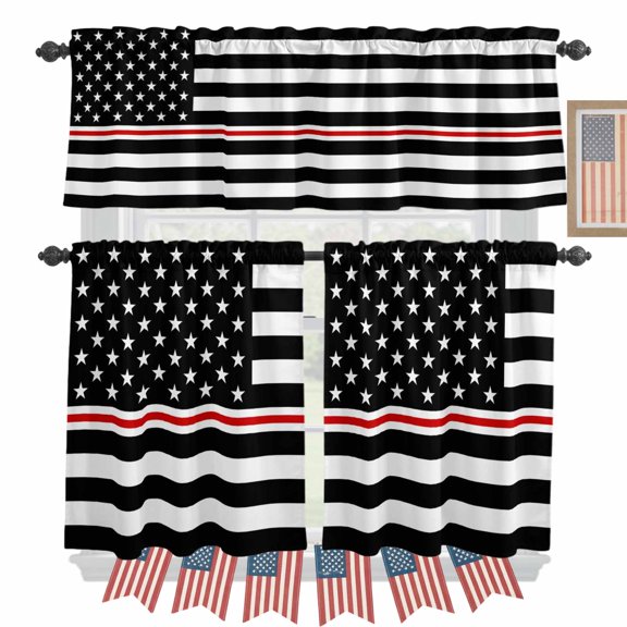 Black and Kitchen Curtains Valances 3 Piece Set, Red Texture Traditional United States Flag Rod Pocket Tier Curtain and Valance Drapes for Small Window 24 Inch Length for Bedroom Cafe