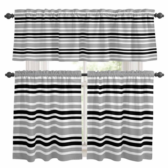 Black and Kitchen Curtains Valances and Tiers Set of 3 Gray Stripe Abstract Minimalist Modern Art Tier Curtains and Valance with Rod Pocket for Small Windows, 27.5"x24"