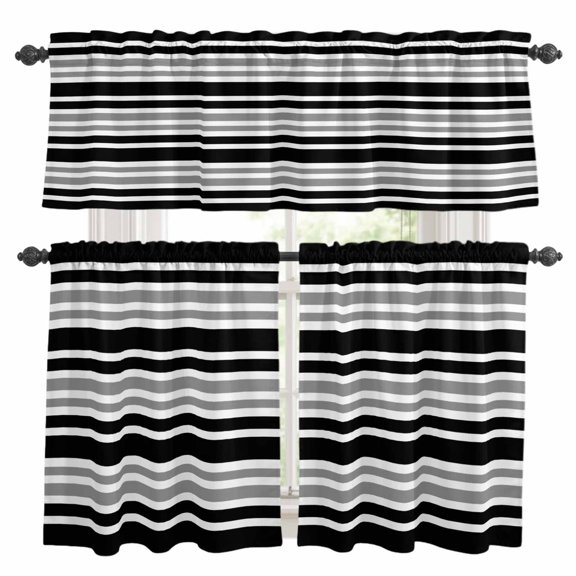 Black and Kitchen Curtains Valances and Tiers Set of 3 Gray Stripe Contrast Minimalist Modern Art Tier Curtains and Valance with Rod Pocket for Small Windows, 27.5"x24"