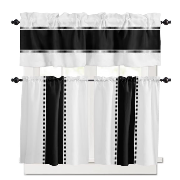 Black Kitchen Curtains Valances and Tiers Set of 3, Solid Color 24 Inch Length Tier Curtains and Valance Rod Pocket Valance Curtains Set for Kitchen Bathroom Small Windows