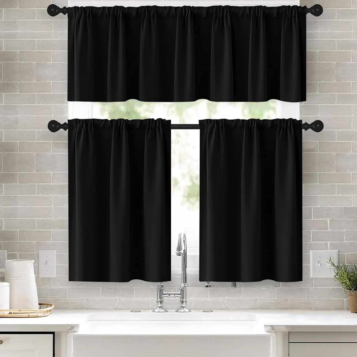 Black Kitchen Curtains and Valances Set 36 Inch Length, Short Tier ...