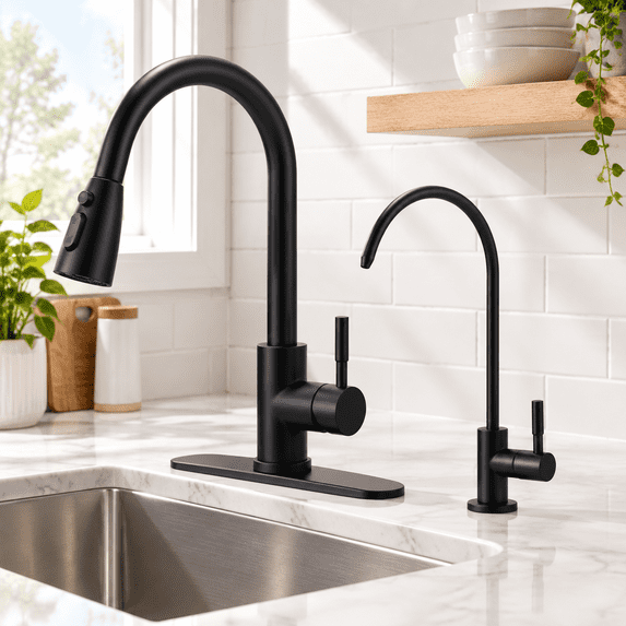 Black Kitchen Faucet And Water Filterbo Stainless Steel Sink With ...