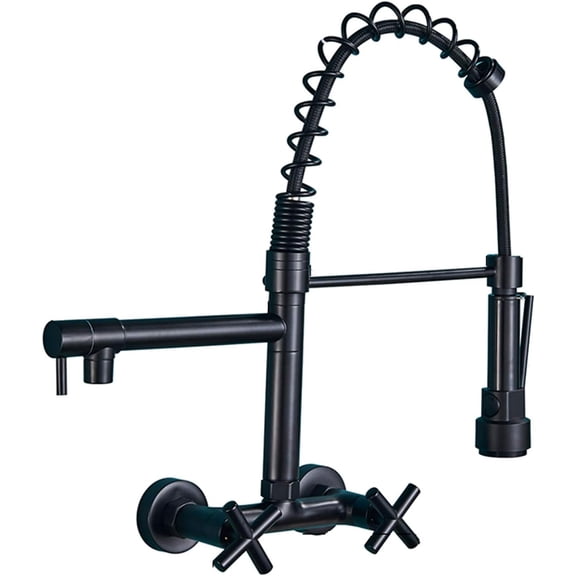 Black Kitchen Faucet, Dual Handles Hot and Cold Water Kitchen Mixer Tap, Wall Mounted Dual Swivel Spout Spring Pull Down Faucets