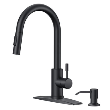 Senlesen Black Kitchen Faucet With Pull Down Sprayer – 3 Hole, Matte Finish With Soap Dispenser