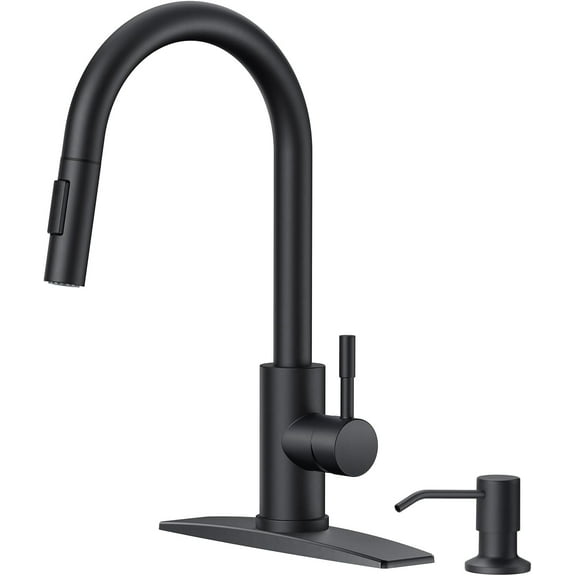 Black Kitchen Faucet with Soap Dispenser, High Arc Modern Sink Faucet with Pull Down Sprayer and Deck Plate, Stainless Steel Fit for 1 or 3 Hole for Pot Filler Bar Farmhouse Laundry Rv