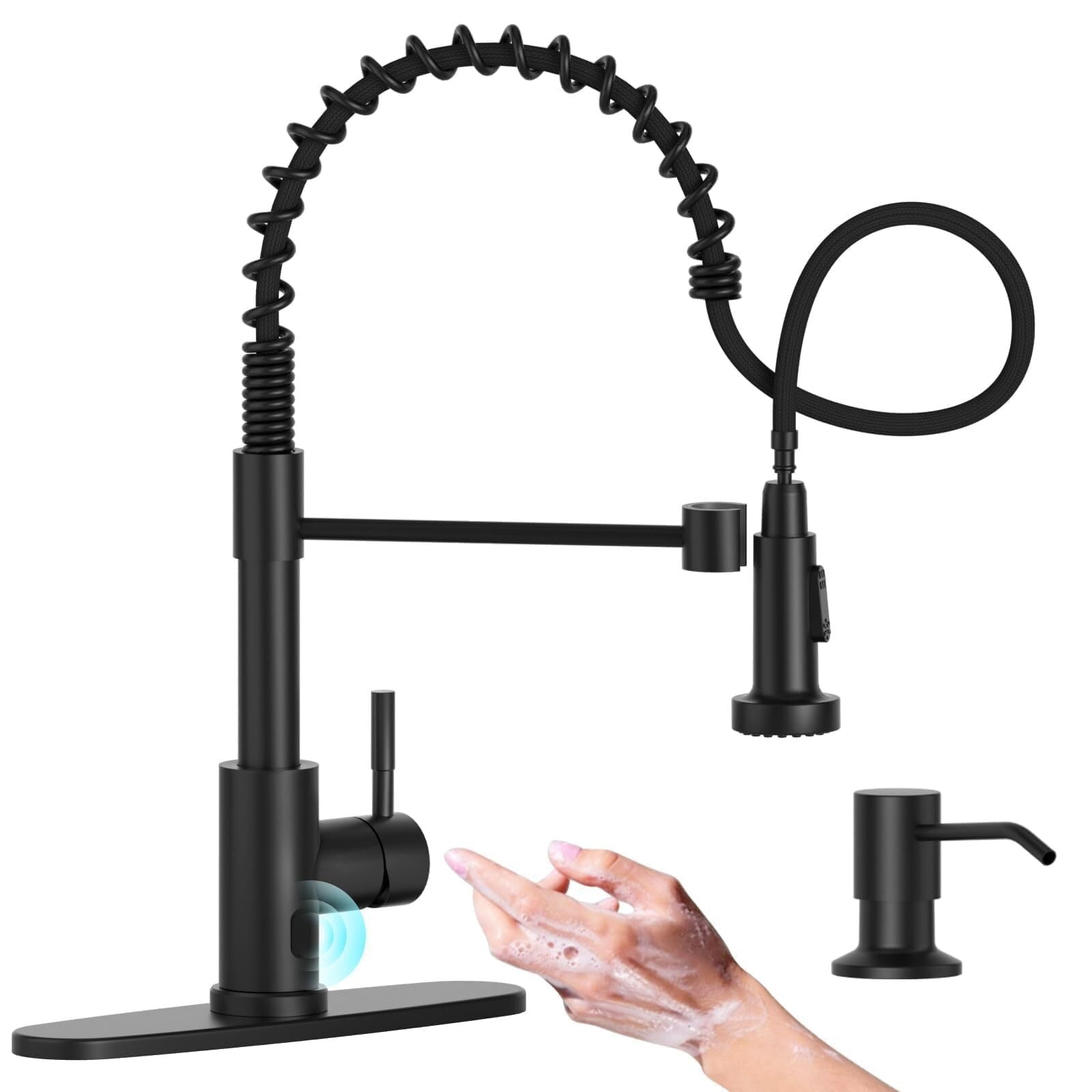 A Black Kitchen Faucet with Soap Dispenser and Pull Down Sprayer ...