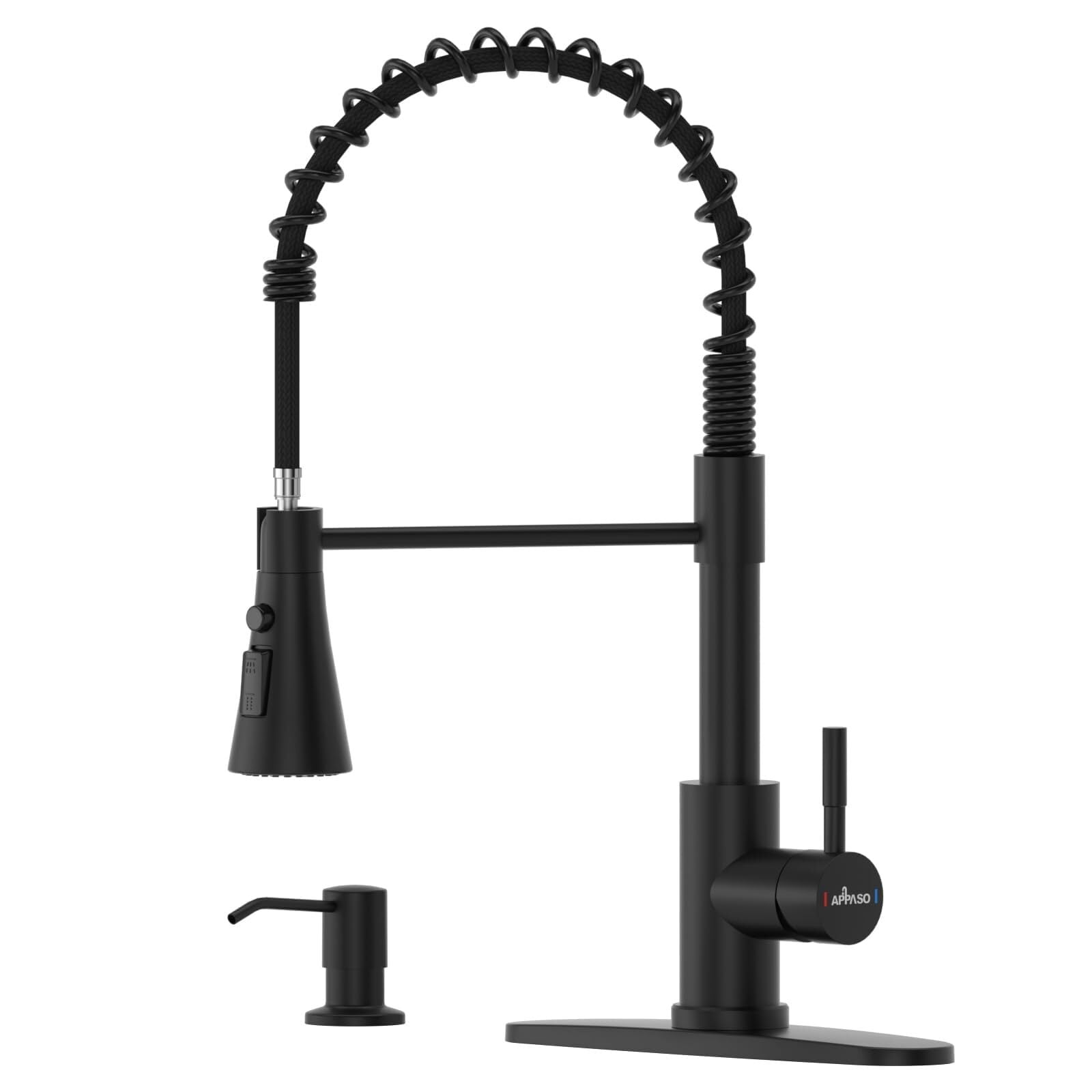 A Black Kitchen Faucet with Soap Dispenser and Pull Down Sprayer ...