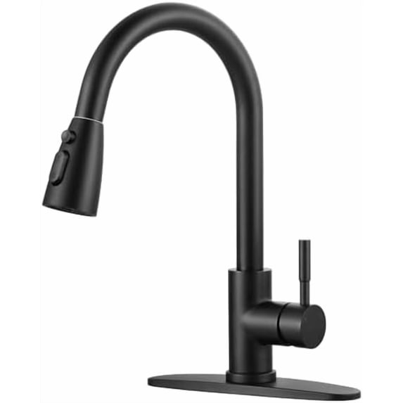 Black Kitchen Faucet with Sprayer, Pull Down Kitchen Sink Faucet Lead-Free, Stainless Steel Single Handle Kitchen Faucets with Deck Plate, 360 Swivel High Arc Single Hole RV Kitchen Faucet