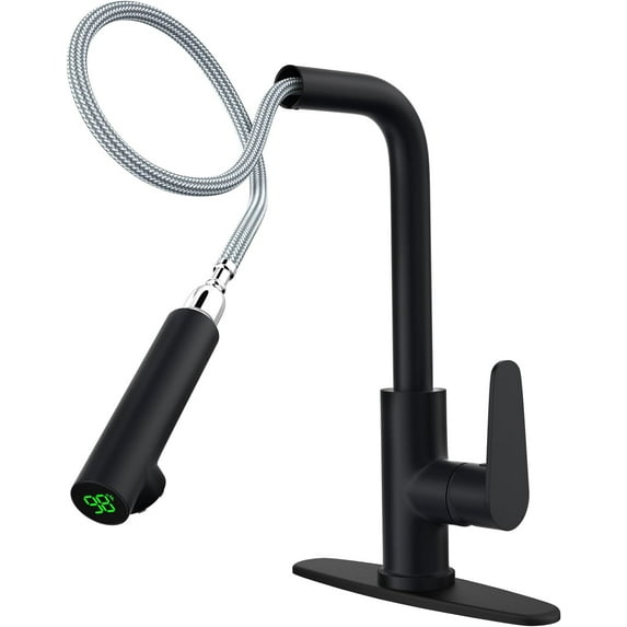 Black Kitchen Faucet with Pull Down Sprayer, Temperature Digital Display Kitchen Sink Faucets with Deck Plate Single Handle Water Faucet