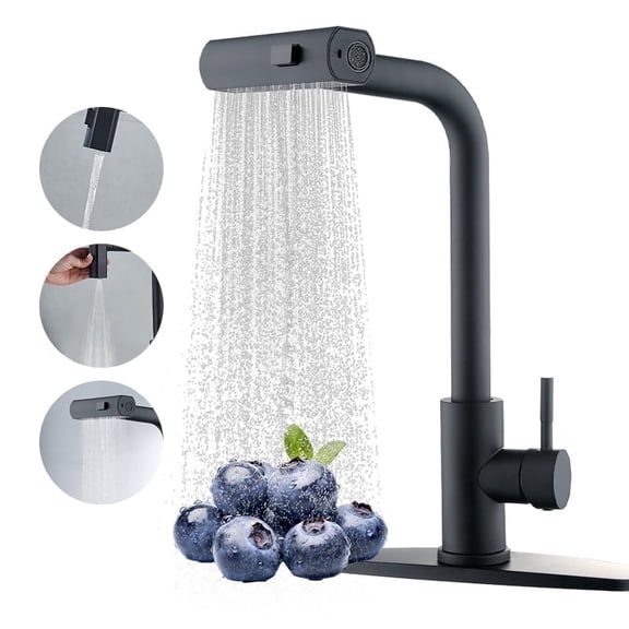 Black Kitchen Faucets with Pull Down Sprayer,Waterfall Kitchen Sink Faucet,Commercial Utility Stainless Steel Kitchen Faucets,Single Handle Kitchen Sink Faucet with Pull Down Sprayer for 3 Function