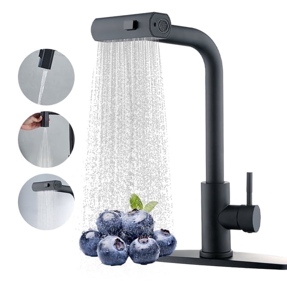 Black Kitchen Faucets with Pull Down Sprayer,Waterfall Kitchen Sink Faucet,Commercial Utility Stainless Steel Kitchen Faucets,Single Handle Kitchen Sink Faucet with Pull Down Sprayer for 3 Function