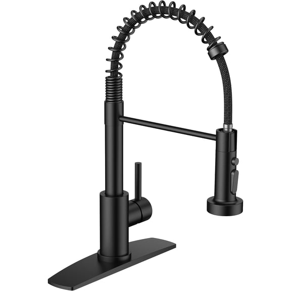 Black Kitchen Faucets with Sprayer, Stainless Steel Sink Faucet Single Handle with Deck Plate, Commercial Spring Faucet for Kitchen Sink, Farmhouse, Laundry Bar RV Camper
