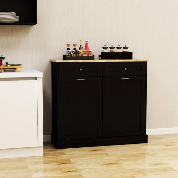 Black Kitchen Garbage Cabinet - Two Compartments, Stylish And Two Waste Bin ,