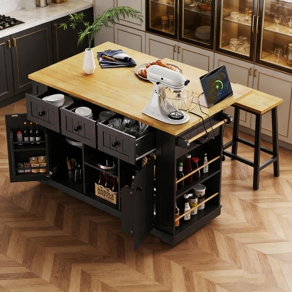 Black Kitchen Island with 2 Bar Stools and Power Outlet, 53" Large Rolling Cart with Drop Leaf, Door Storage Rack, 5 Open Side Racks and 3 Drawers, 5 Wheels (Shipped in 3 Boxes)