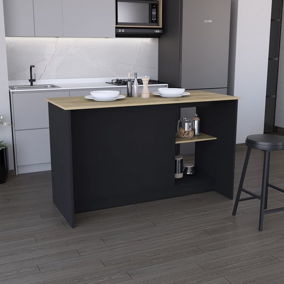 Black Kitchen Island With Abundant Counter Area. Double Door Cabinet And Open Storage. Holds Cookware. 24.68" Deep X 59" Wide 35.33" High. Engineered Wood. . Compliant. Compliant Broad Countertop.