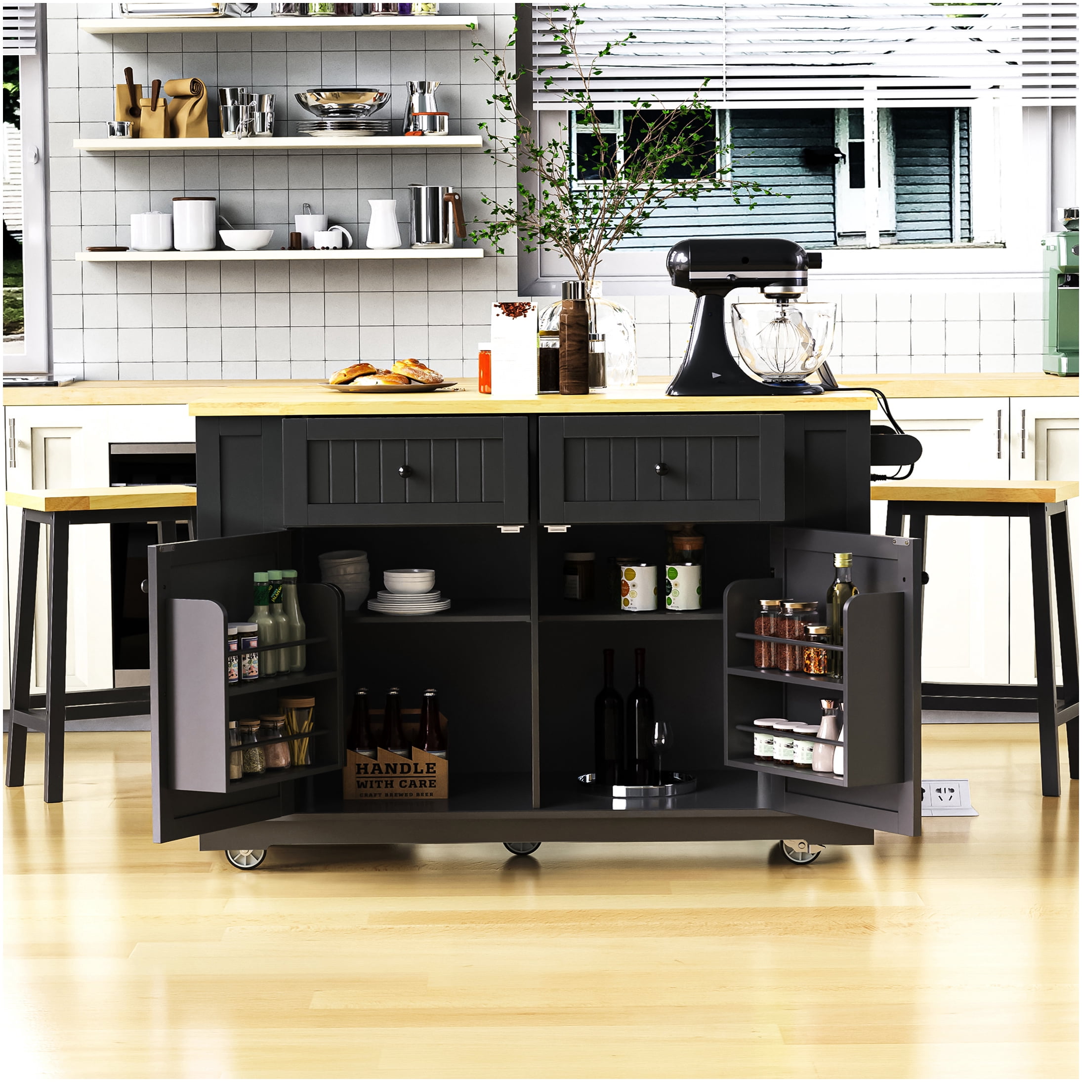 Black Kitchen Island Cart with 2 Bar Stools, Drop Leaf, Power Outlet ...