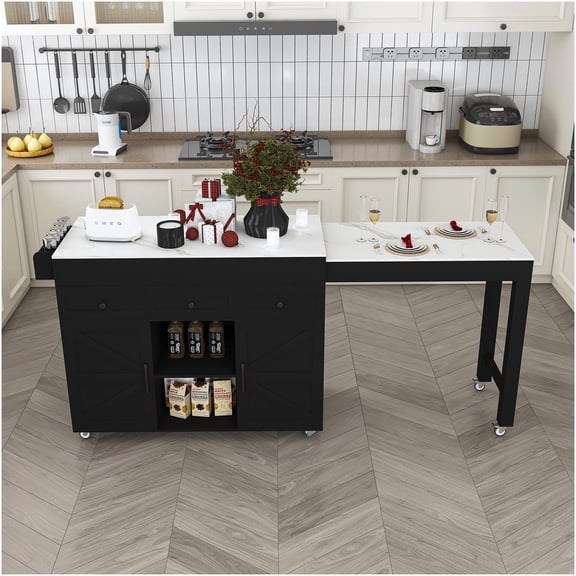 Black Kitchen Island Cart with Extendable Table, Marble Top, Outlets & Storage - Mobile Prep Station with Locking Wheels