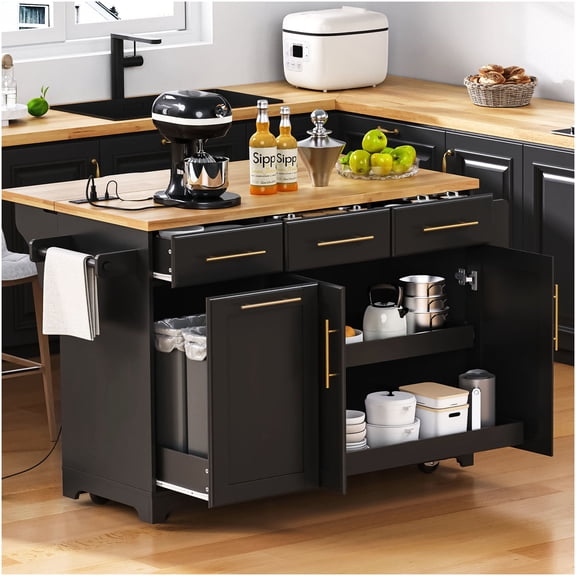 Black Kitchen Island with Drop Leaf, Built-in Power Outlet, Trash Can Cabinet, Pull Out Shelves, Mobile Cart on Wheels for Extra Storage & Counter Space