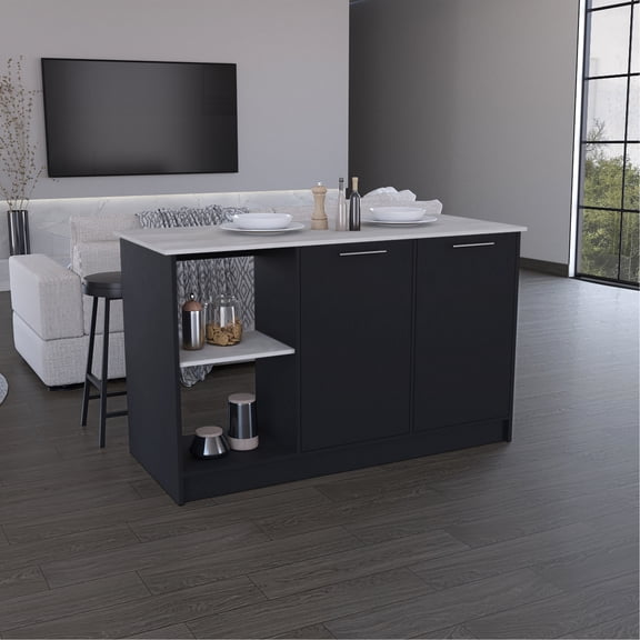 Black Kitchen Island With Expansive Worktop, Open Storage Shelves & Double Door Cupboard. Offers Sufficient Space For Activities. Stores Pots, Pans, Dishes. 35.08-inch Height Convenience. , And