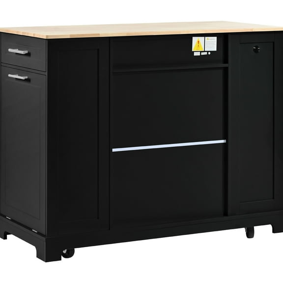 Black Kitchen Island With Garbage Bin Cabinet, Internal Storage Rack, Power Outlets, 3 Drawers, Side Shelves, 5 Stylish Cart Storage, Charging Station, Open 5 Wheels,