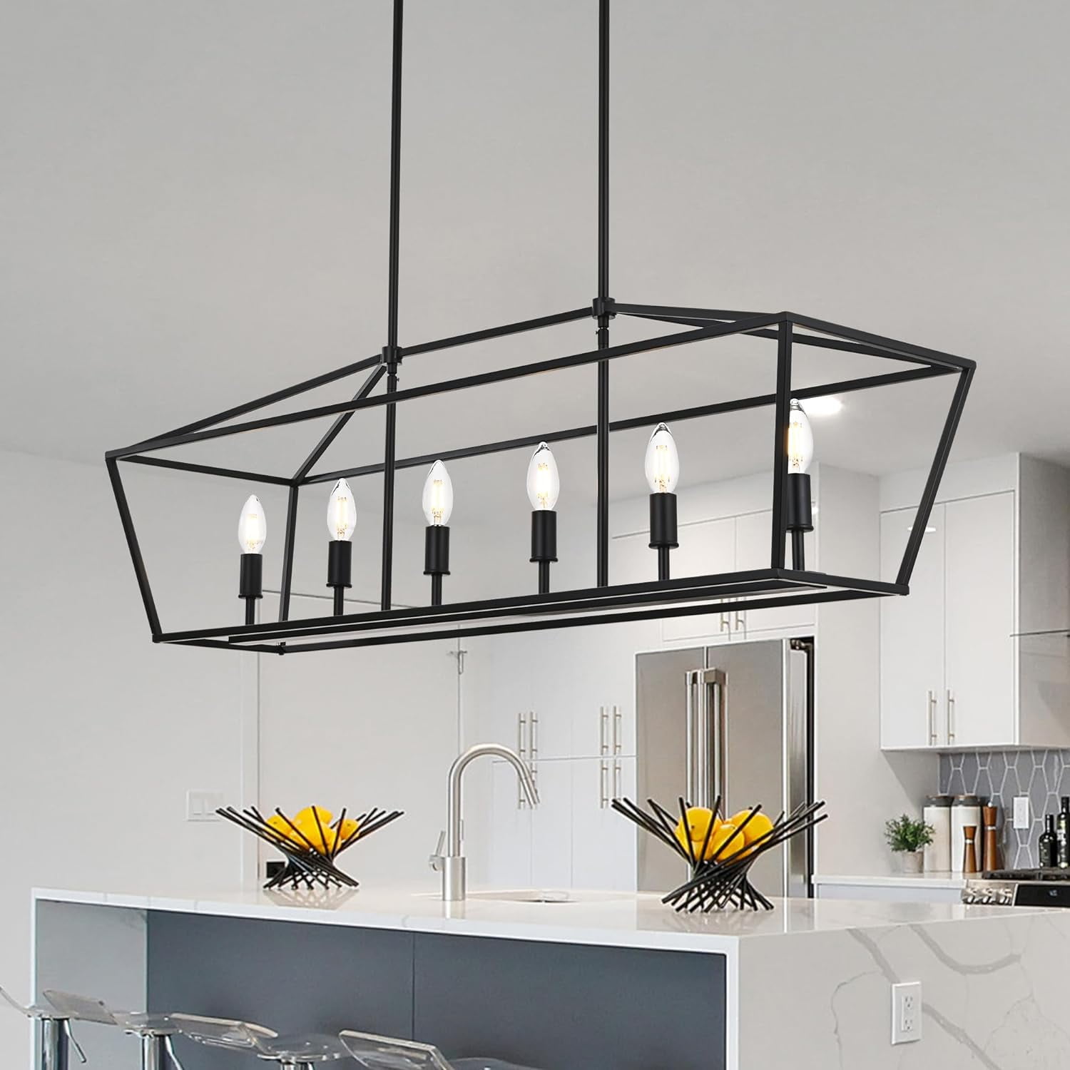 Black Kitchen Island Lighting 6-Light Farmhouse Dining Room Light Fixtures Linear Chandelier for ...