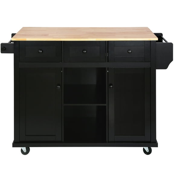 Black Kitchen Island with Rubber Wood Drop-Leaf Countertop, 5 Rolling Wheels, Storage Cabinet, 3 Drawers & Internal Door Racks, Ideal for Kitchen & Dining Room