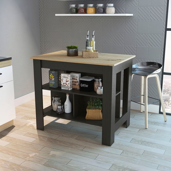 Black Kitchen Island / Spacious Storage for Kitchen and Cooking Items