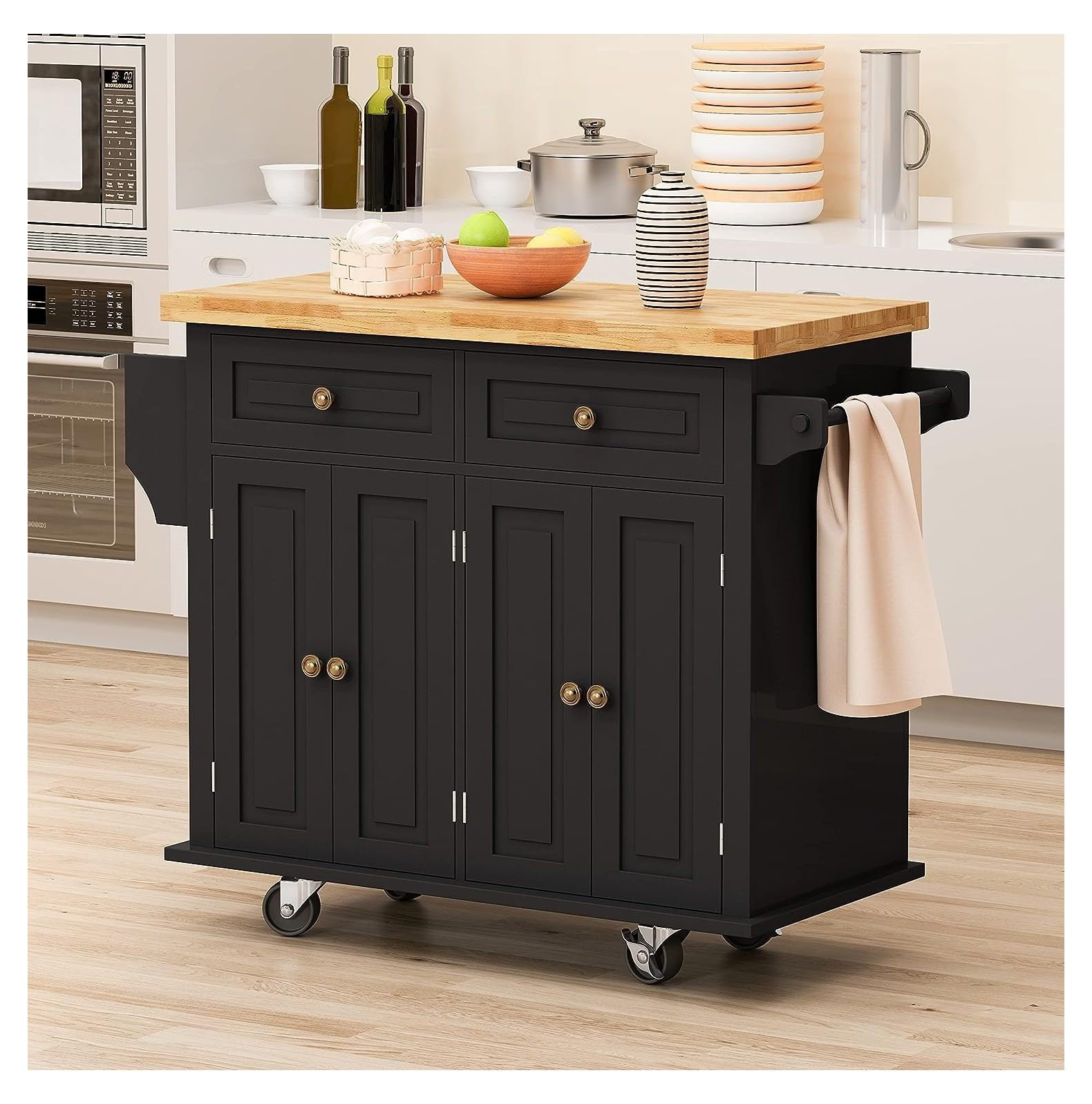 Black Kitchen Island Trolley, Kitchen Island Trolley with Two Storage