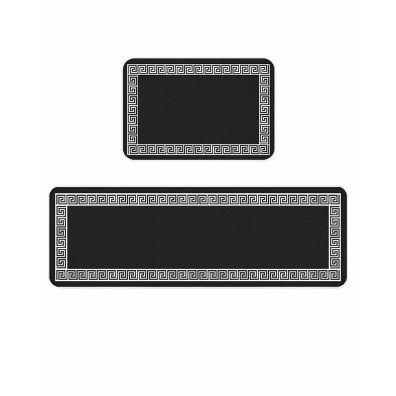 Black Kitchen Mats for Floor 2 Piece, Greek Chinese Style Border Geometric Absorbent Non-Slip Kitchen Rugs Comfort Standing Mat for Laundry, Hallways 20"x24"+20"x48"