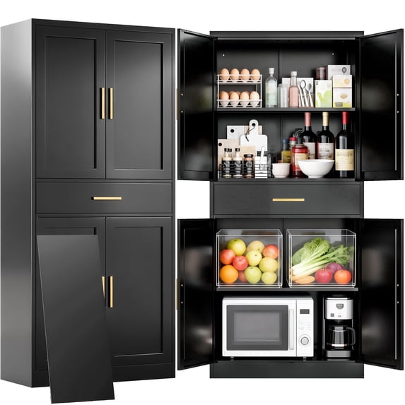 CJFHJ Black Metal Pantry Cabinet 71 Inch Tall with 2 Adjustable Shelves and 1 Drawer