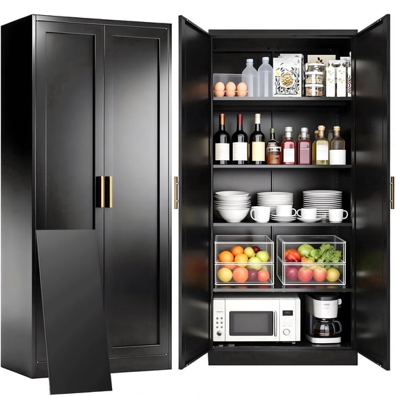 Black Kitchen Pantry Cabinet,71 Inch Tall Metal Storage Cabinet with 4 Adjustable Shelves and Doors, Freestanding Pantry Cabinet for Kitchen, Living Room, Dining Room, Bathroom, Easy to Assemble