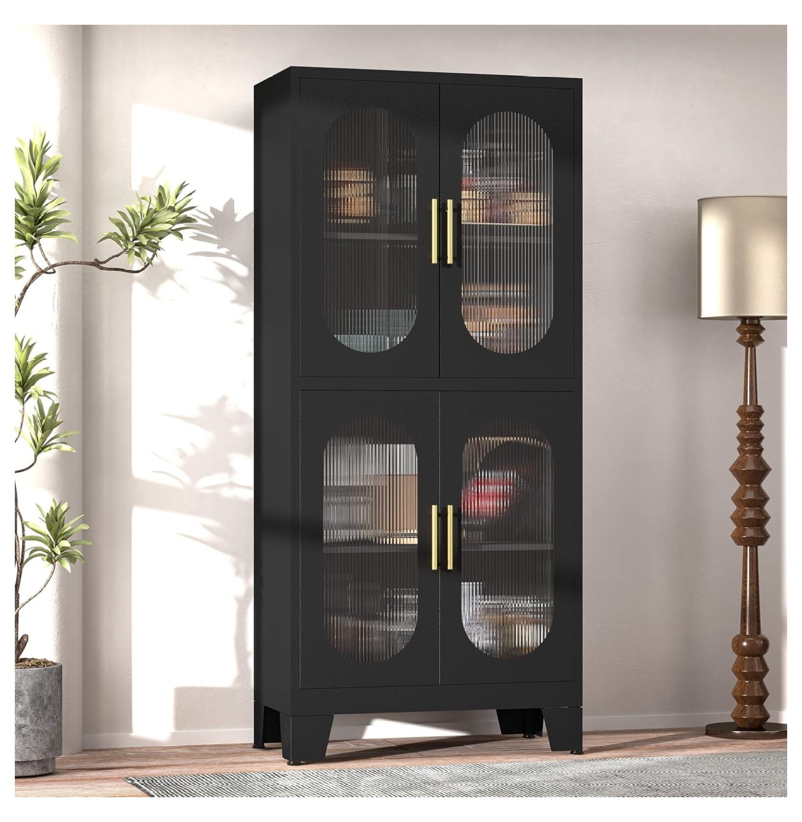 Black Kitchen Pantry Cabinet, Pantry Storage Cabinet with Acrylic Glass ...