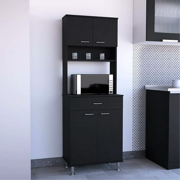 Black Kitchen Pantry With Countertop And Ample Storage For Pots Pans, Adjustable Legs Versatile Drawer Shelf Storage,