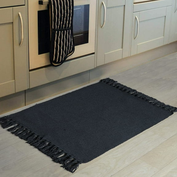 Black Kitchen Rug, 2x3 Cotton Hand Woven Recycled Throw Rug Runner Braided Entryway Floor Mat for Laundry Room Bathroom Bedroom Dorm