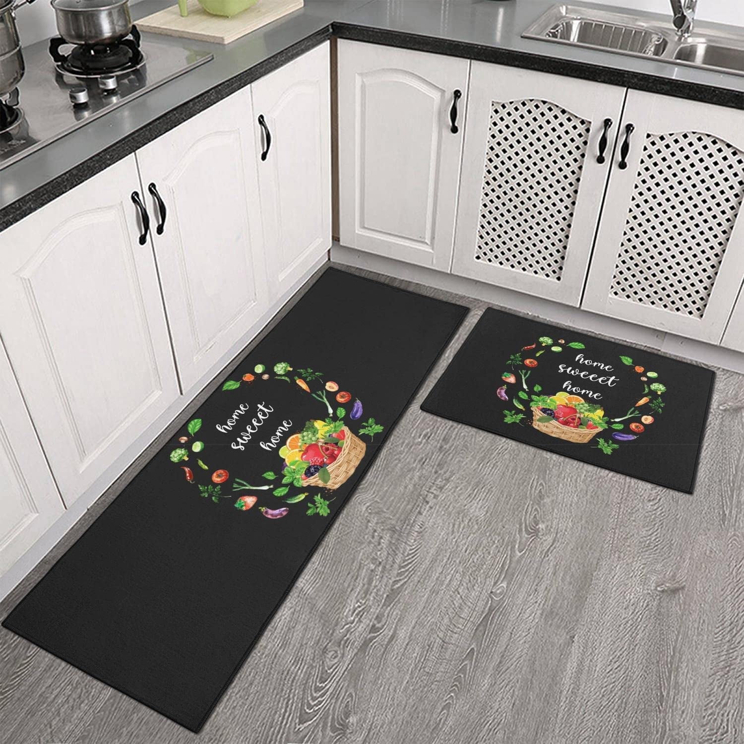 Black Kitchen Rug Set of 2 Non Slip Kitchen Mats for Floor Washable
