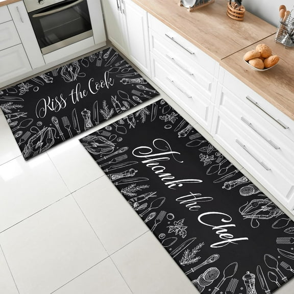 Black Kitchen Rugs and Mats, Anti-Fatigue Kitchen Rug Set of 2 Farmhouse Cushioned Kitchen Floor Mat, Standing Kitchen Mat Waterproof Non-Slip Mat, Black White Kitchen Decor - 17x30 and 17x47 Inch