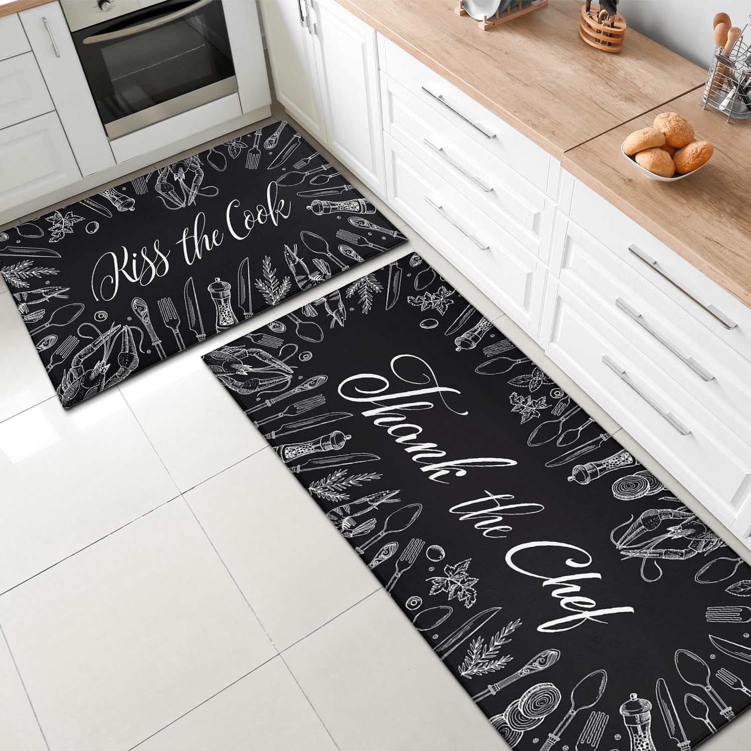 Black Kitchen Rugs and Mats, AntiFatigue Kitchen Rug Set of 2