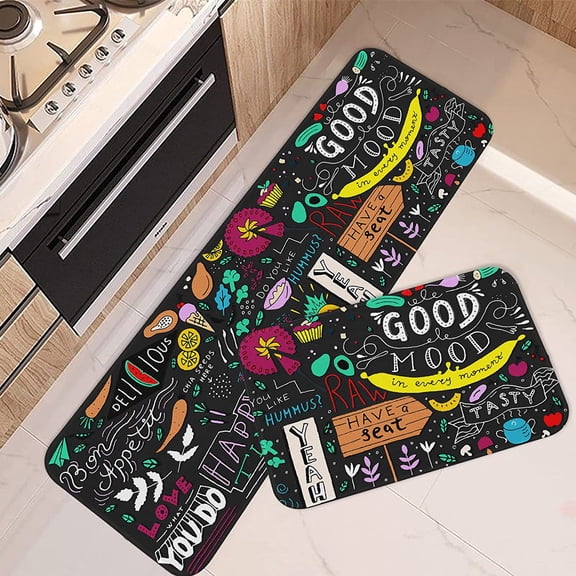 Black Kitchen Rugs and Mats Non Skid Washable Set of 2, Good Mood Funny Chalkboard Doodle Kitchen Runner Rug, Abstract Cute Cartoon Under Sink Mats for Kitchen Floor Decor