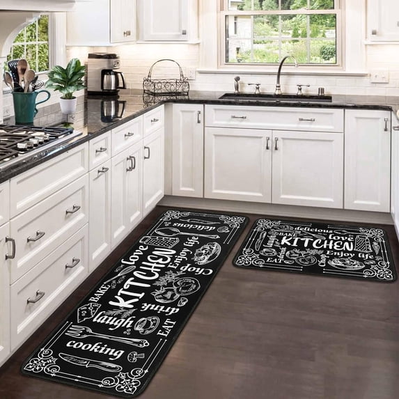 Black Kitchen Rugs and Mats Non-Slip, Washable, Absorbent Stain Resistant,Durable and Easy to Clean for Kitchen, Laundry, Living Room, Bedroom, Bathroom, Front Door,17"x47"+17"x30"