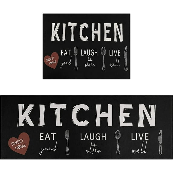 Black Kitchen Rugs and Mats Set of 2,Eat Good Live Well Laugh Often Kitchen Decoration Non Slip Super Absorbent Mats for Sink Waterproof Runner Rug for Laundry Room 17"x48"+17"x24"