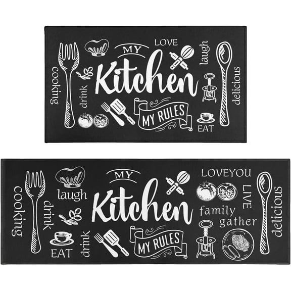 Black Kitchen Rugs and Mats Set of 2, Kitchen Utensil Non-Slip Washable Mat, Black Farmhouse Kitchen Decor Anti-Fatigue Rug for Kitchen Sink Laundry Room, 17x30+17x47 Inch