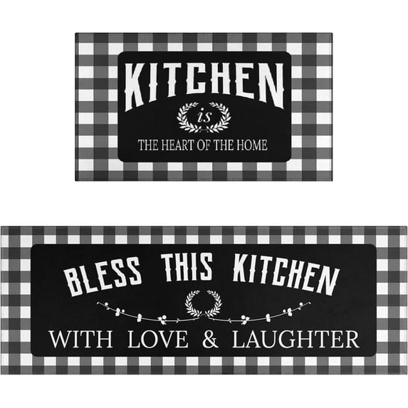 Black Kitchen Rugs and Mats Sets of 2,Black White Buffalo Plaid Kitchen Decoration Non-Slip Absorbent Kitchen Mats for Sink Waterproof Runner Rug for Laundry Room