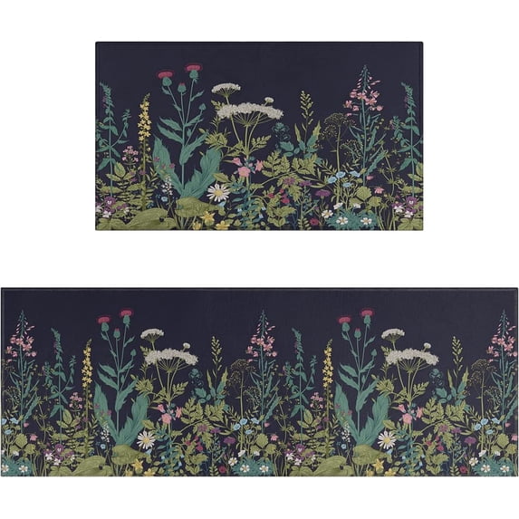 Black Kitchen Rugs and Mats Sets of 2, Funny Kitchen Decoration Rubber Backing Non-Slip Absorbent Mats for Sink Waterproof Runner Rug for Laundry Room 17x30+17x48inch